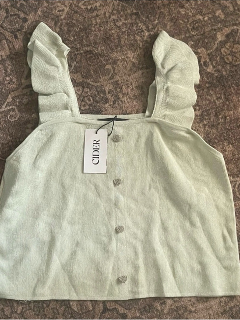 Cider Pale Mint Ruffle-Strap Crop Tank with Decorative Buttons